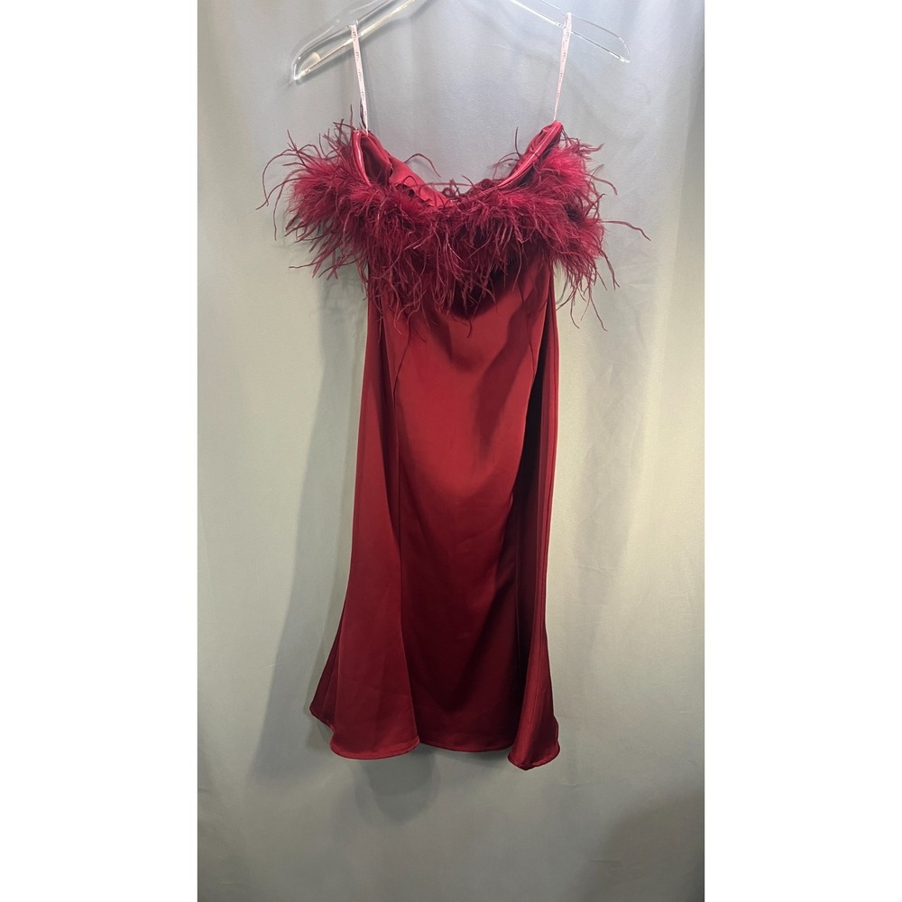 Club L London One And Only Satin Feather Trim Bandeau Midi Dress Womens 4 Red
